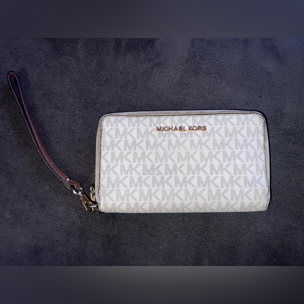 Michael Kors Logo Patterned Wristlet Wallet in Cream and Brown
